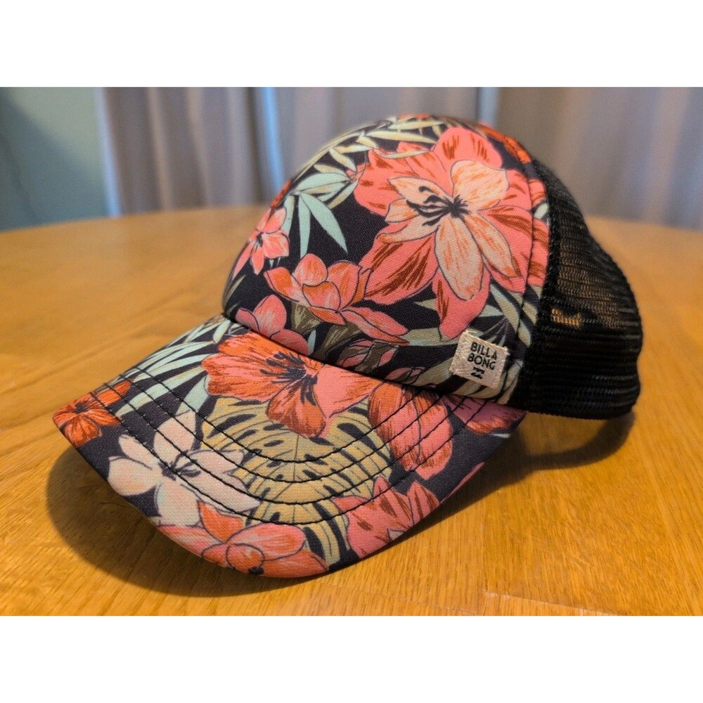 BILLABONG Trucker Hat Cap Tropical Hawaiian Floral Black Snapback One Size